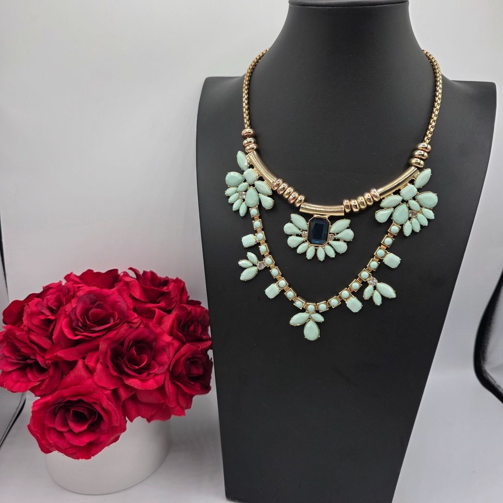 NY Statement Bib Necklace Gold Tone Teal Blue Gemstones Pave Crystal Boho